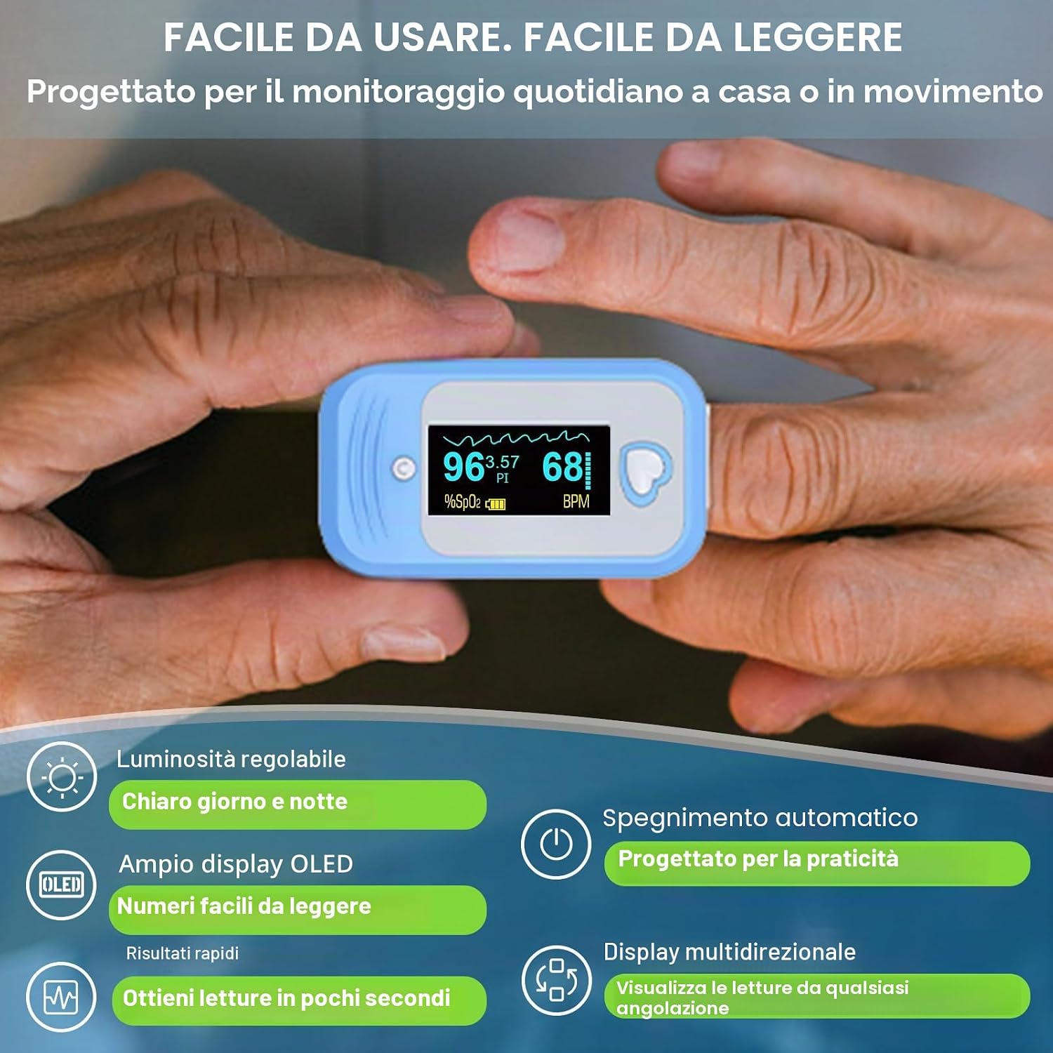 Ossimetro da Dito 5-in-1 | Ossigeno, Battito, Temperatura e PPG