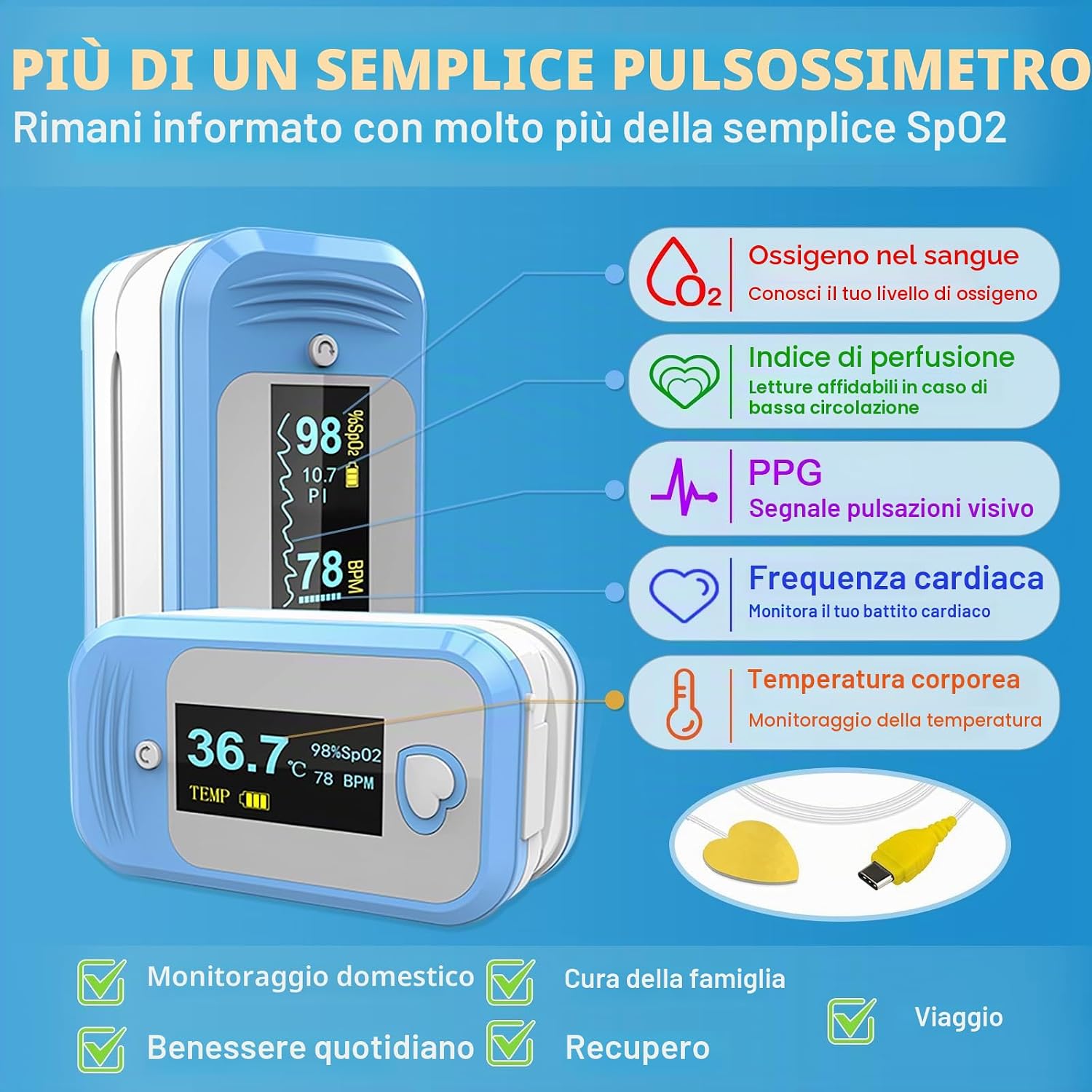 Ossimetro da Dito 5-in-1 | Ossigeno, Battito, Temperatura e PPG