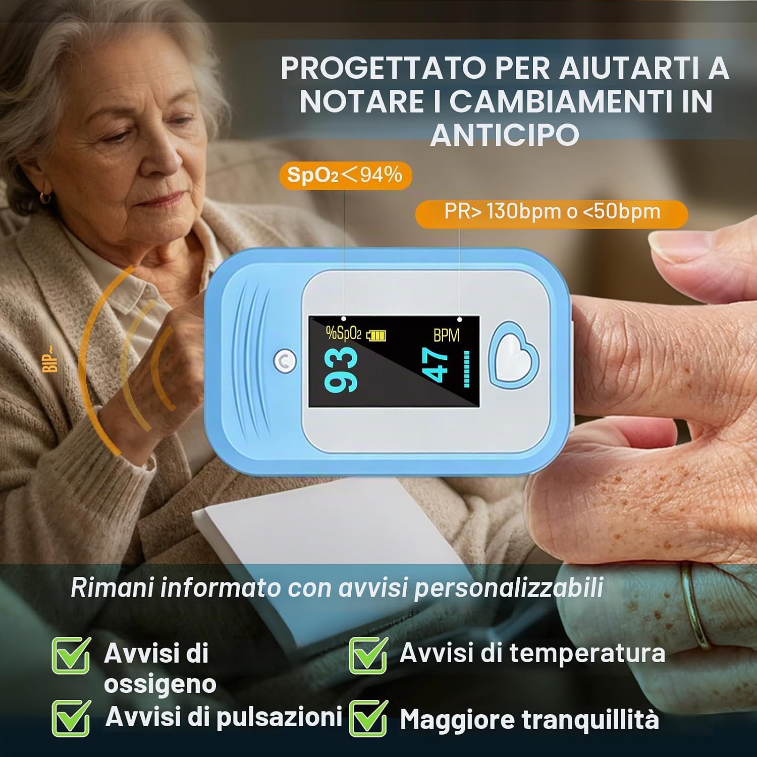 Ossimetro da Dito 5-in-1 | Ossigeno, Battito, Temperatura e PPG